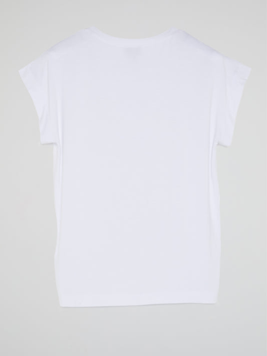 White Printed Cap Sleeve T-Shirt