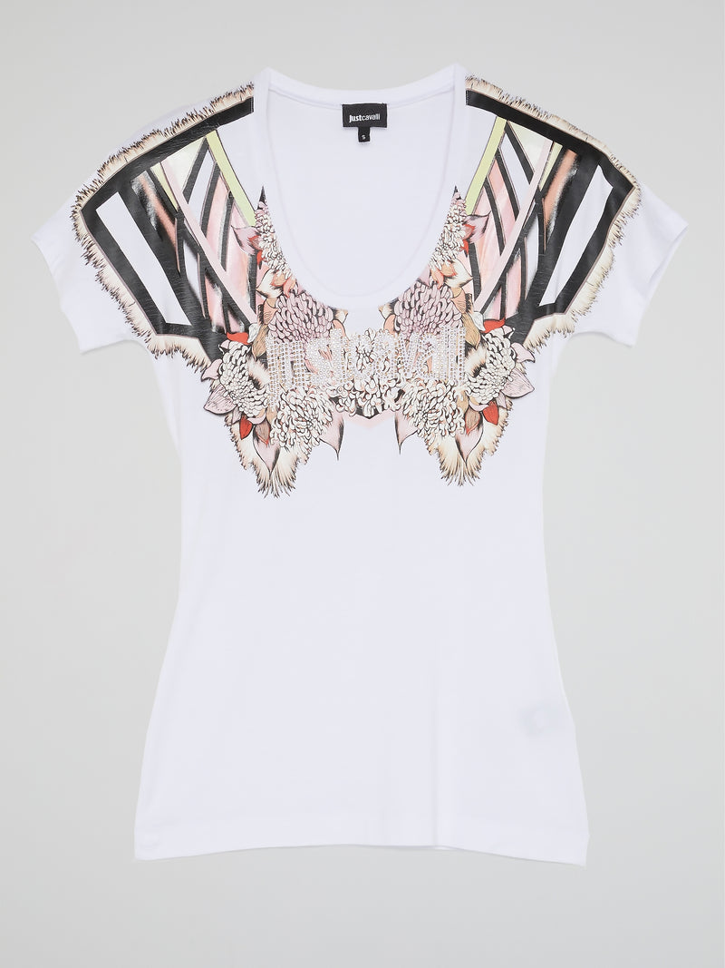White Printed Scoop Neck T-Shirt