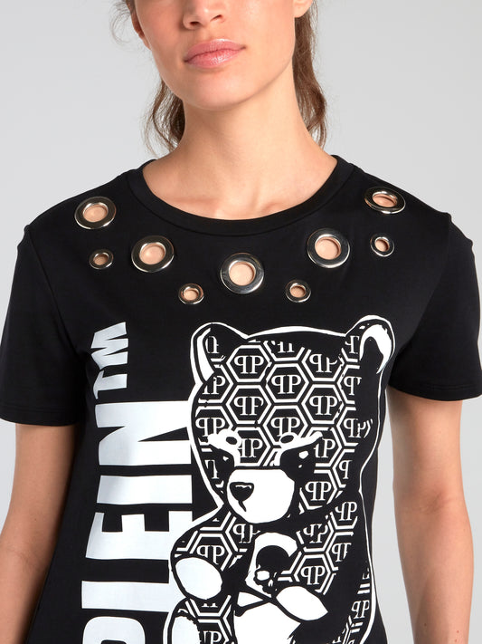 Teddy Bear Black Ring Embellished T-Shirt