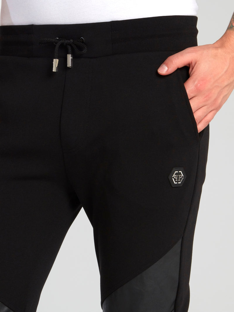Black Leather Panel Running Trousers