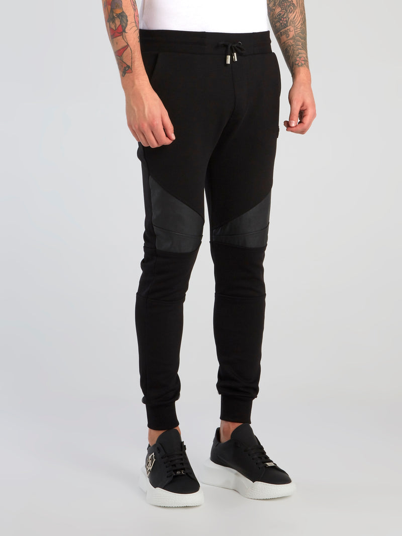 Black Leather Panel Running Trousers