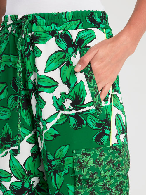 Green Drawstring Floral Cargo Pants