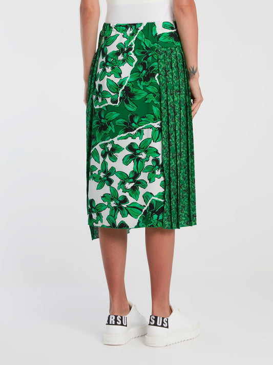 Green Floral Pleated Midi Skirt