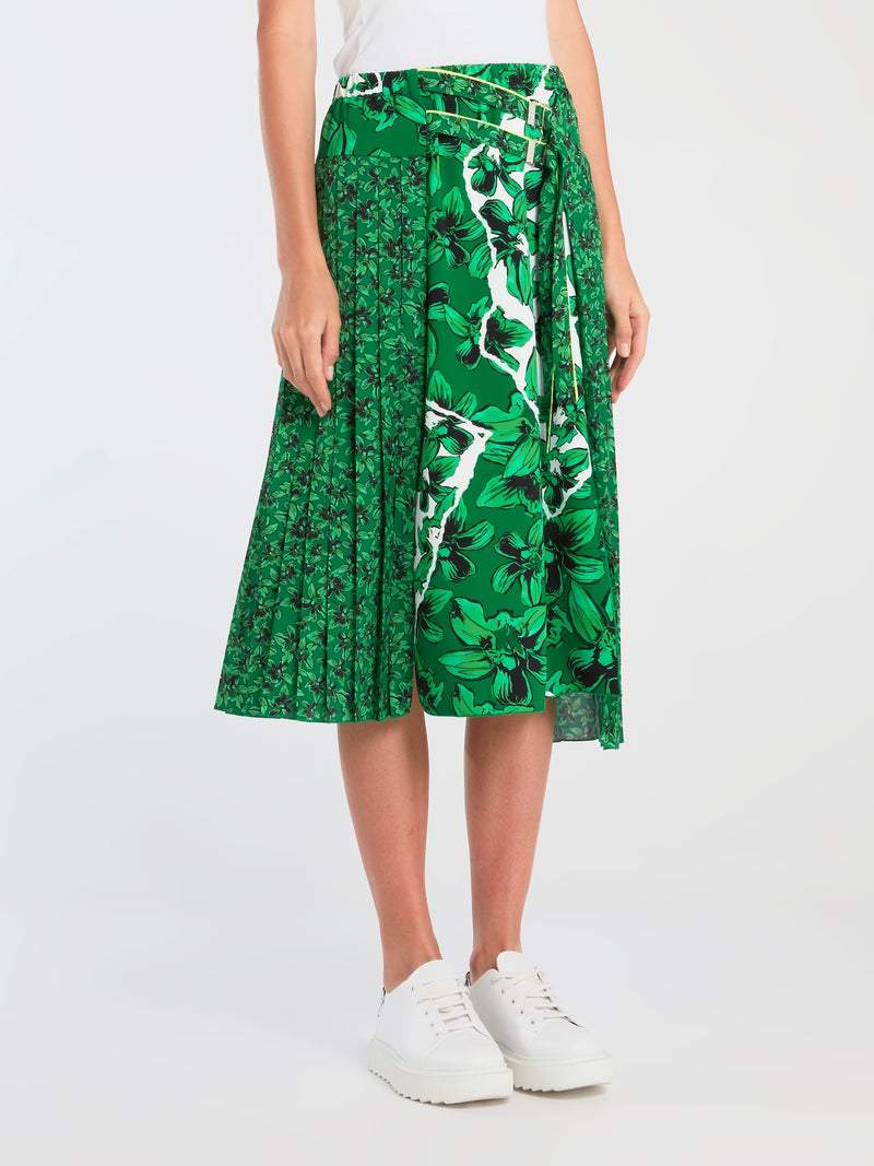 Green Floral Pleated Midi Skirt