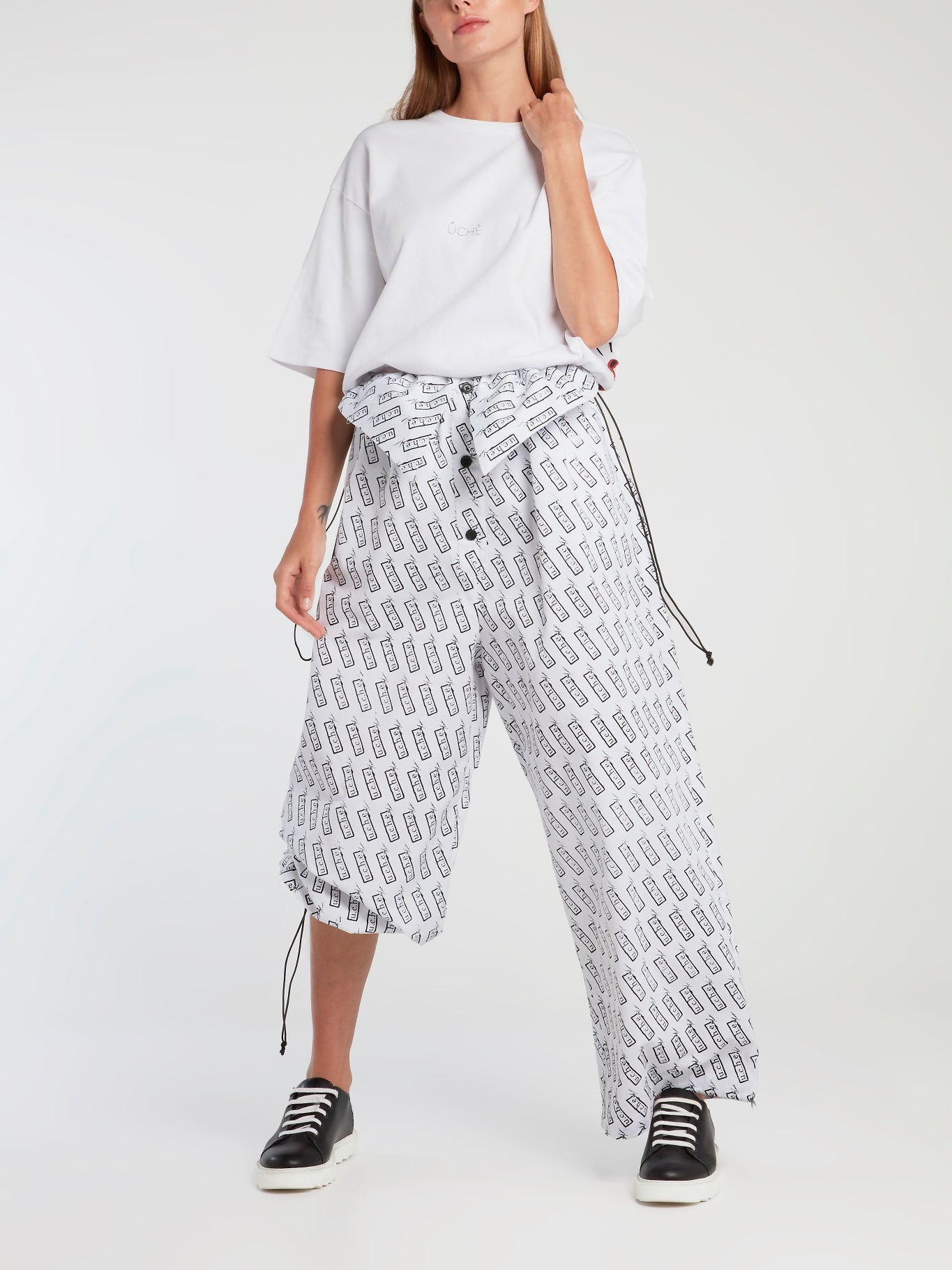 Monogram Print Drawstring Oversized Pants