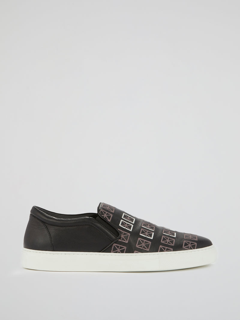 Black Embroidered Leather Sneakers
