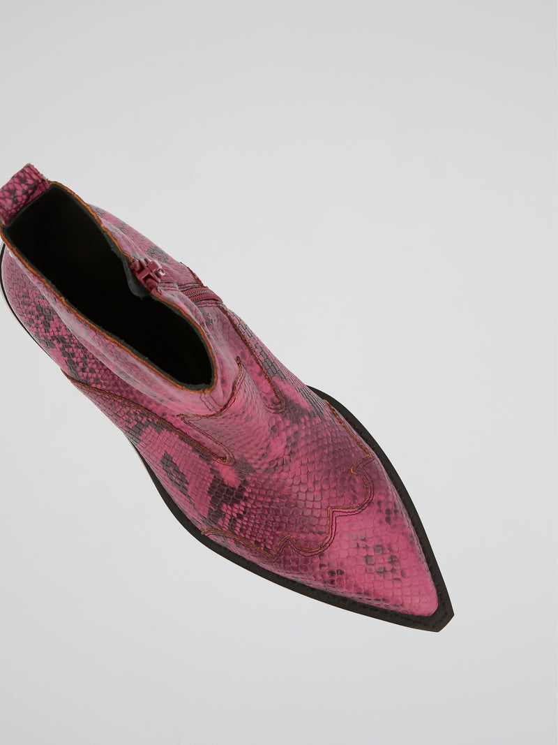 Pink Snake Effect Leather  Boots