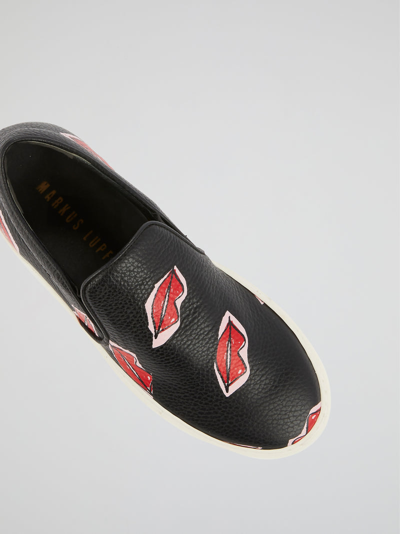 Black Lip Print Slip-On Sneakers