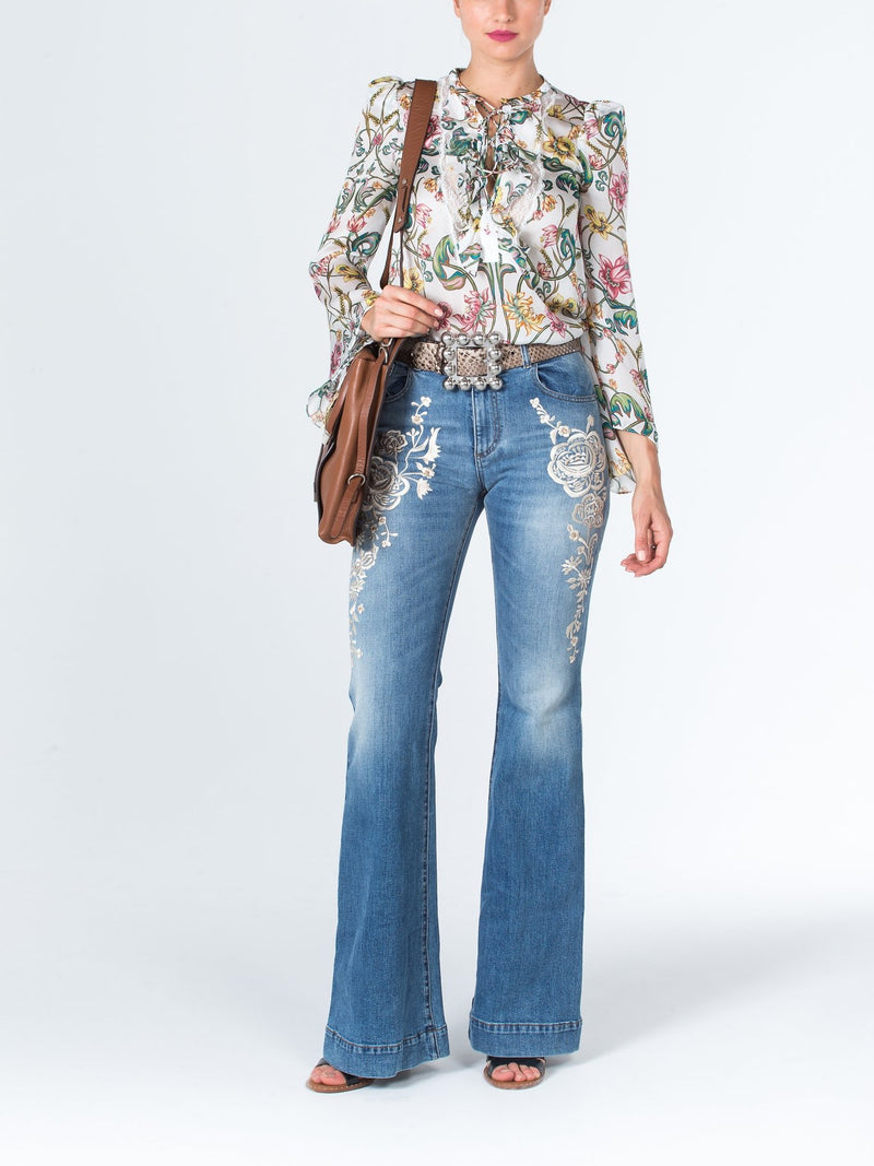 Floral Embroidered High Rise Flared Jeans