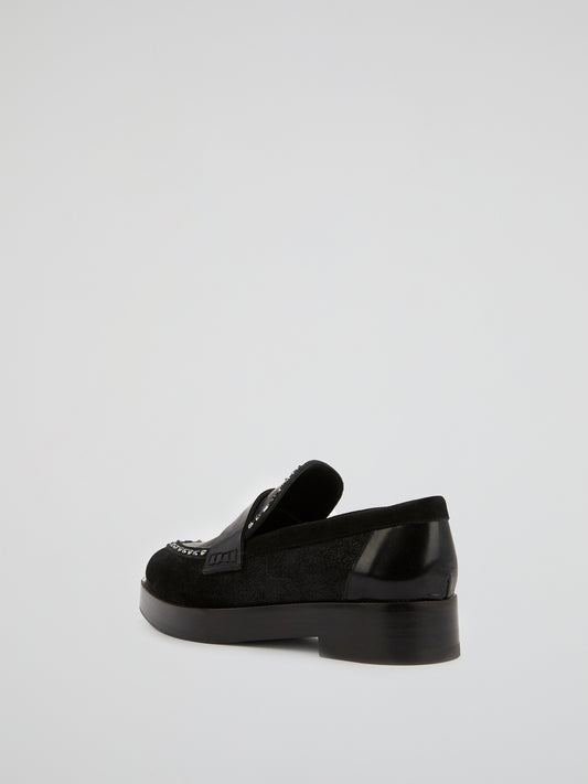 Black Crystal Leather Loafers