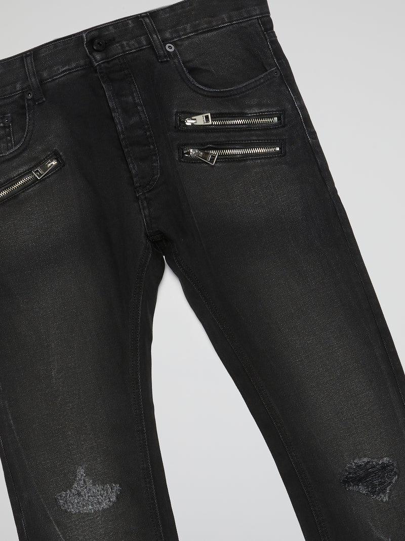 Black Zip Detail Distressed Jeans