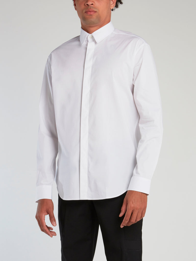 White Rear Print Button Up Shirt