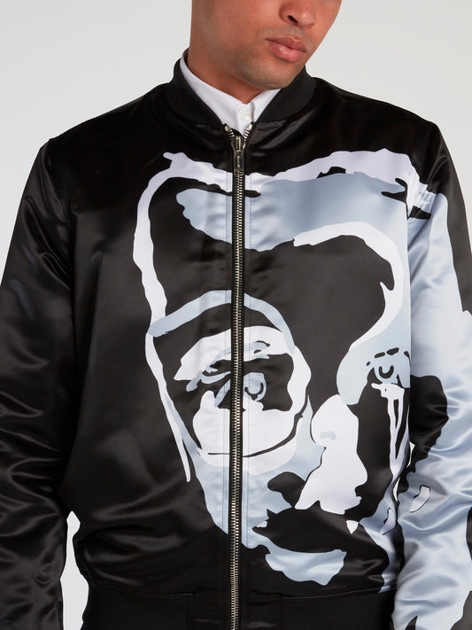 Black Surrealistic Face Print Bomber Jacket
