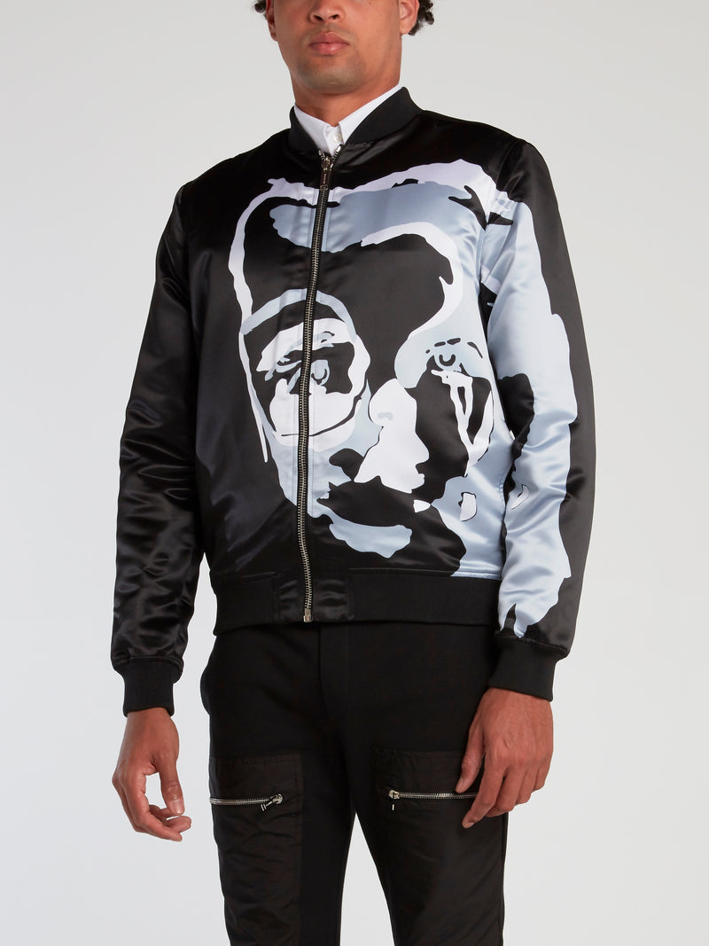 Black Surrealistic Face Print Bomber Jacket