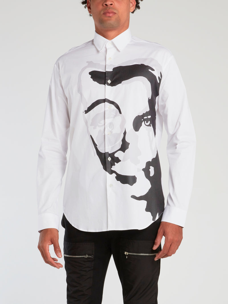 White Surrealistic Face Print Shirt