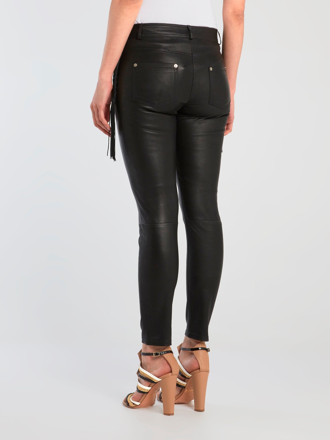 Black Tassel Detail Leather Pants