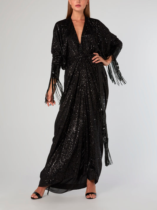 Black Fringe Detailed Sequin Dress