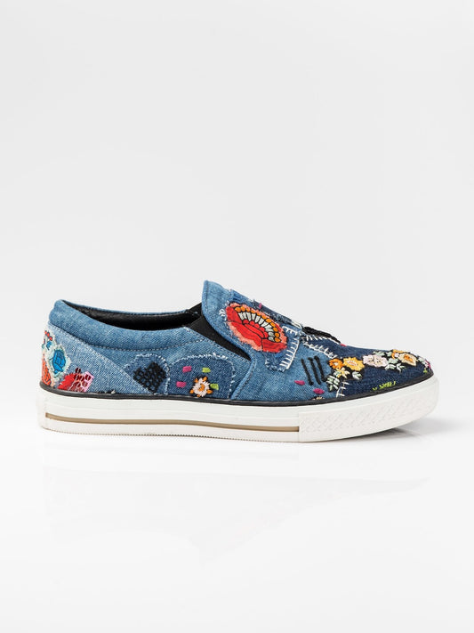 Embroidered Slip On Denim Sneakers