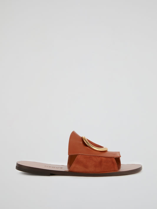 Brown Suede-Leather Flat Sandals