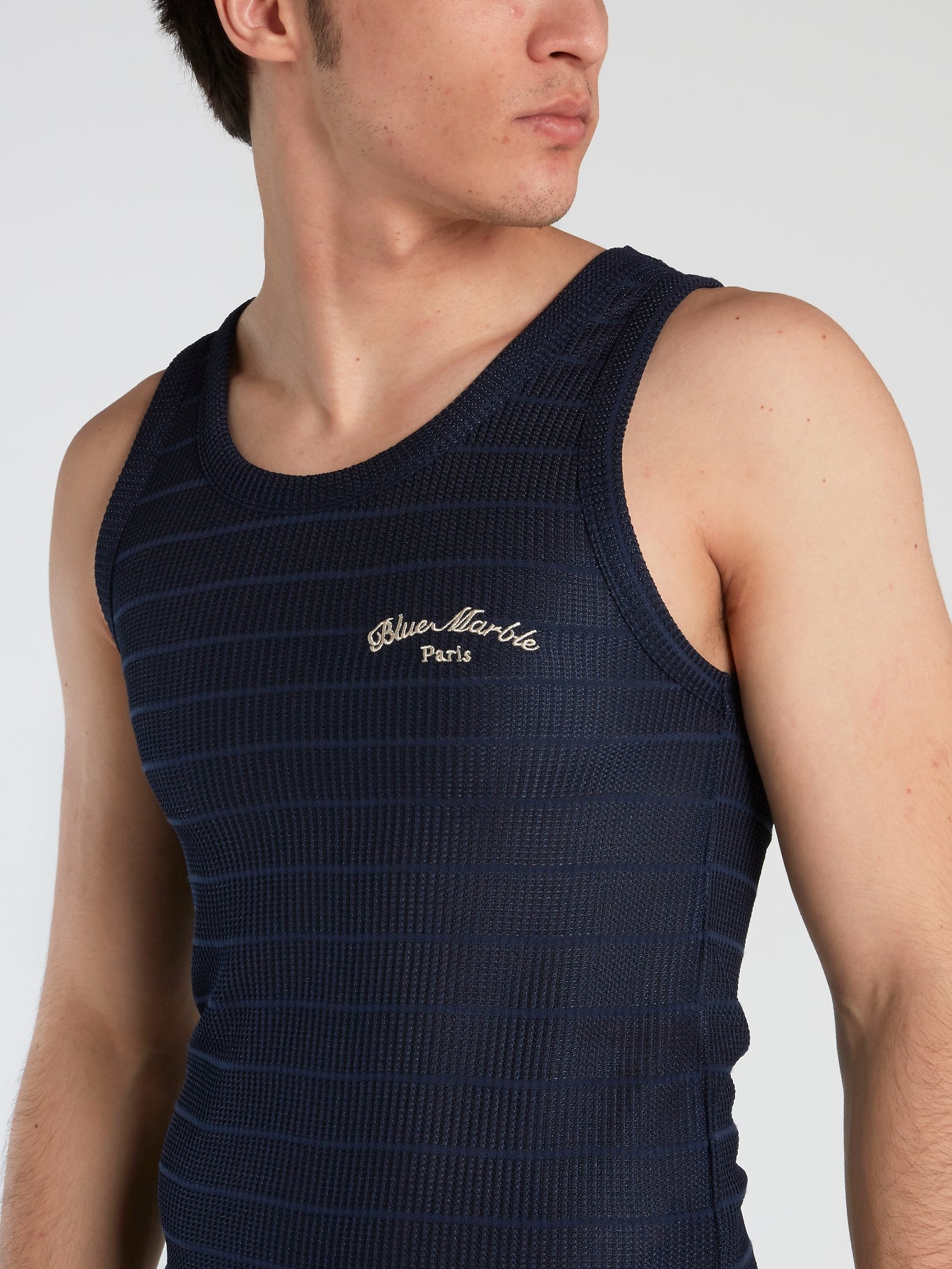Navy Stretch Knitted Mesh Tank Top