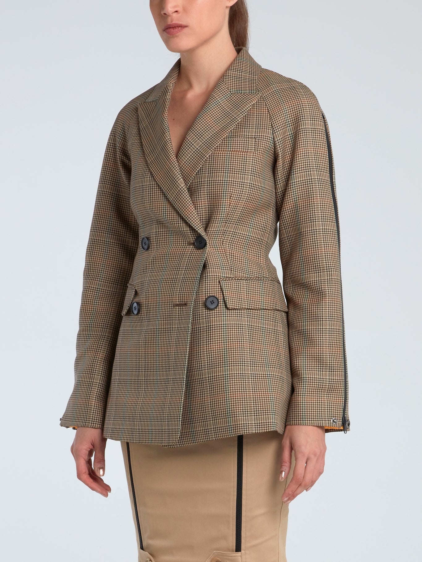 Double-Breasted Zip Sleeve Check Jacket