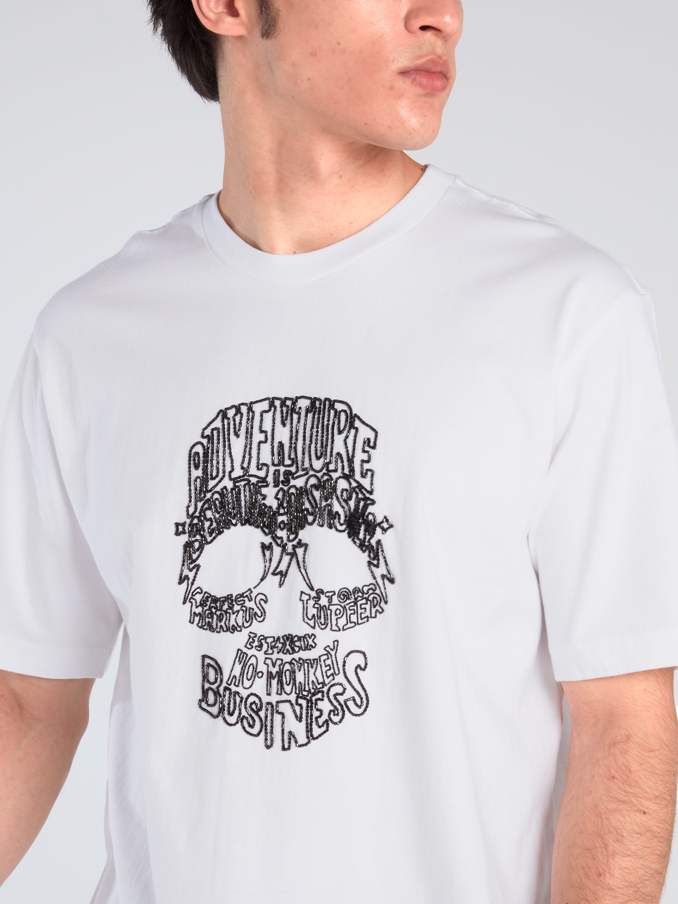 White Beaded Statement Skull T-Shirt