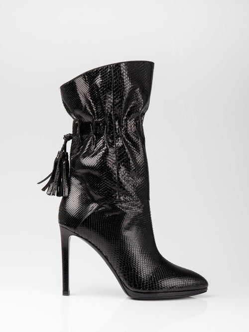 Black Snake Skin Textured Leather Boots