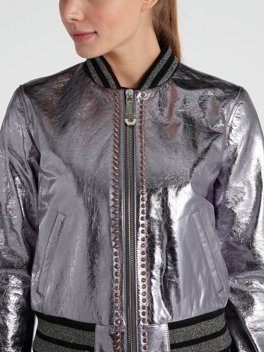 Metallic Embellished Leather Bomber Jacket