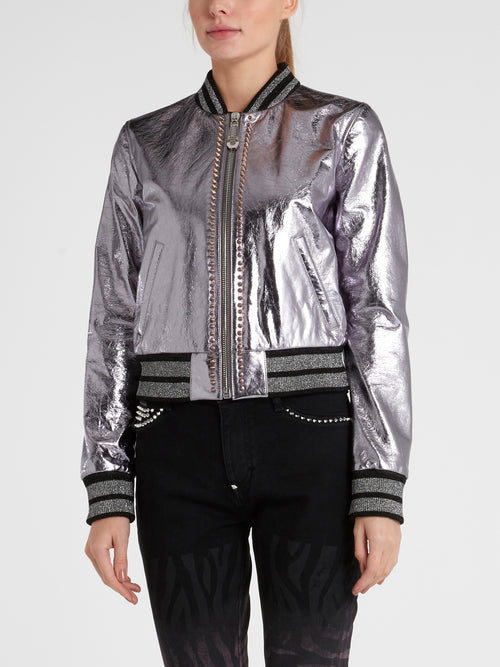 Metallic Embellished Leather Bomber Jacket