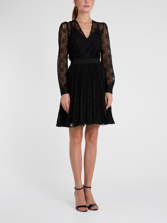 Black Surplice Lace Mini Dress