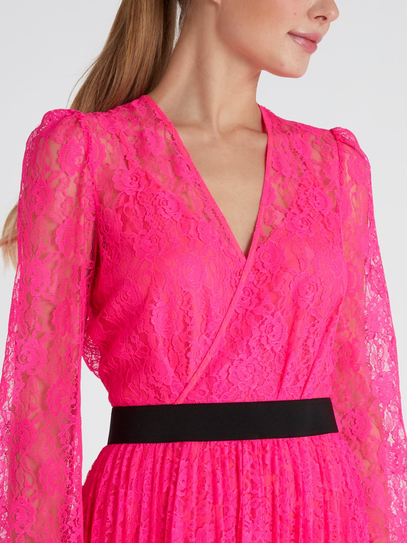 Pink Surplice Lace Mini Dress