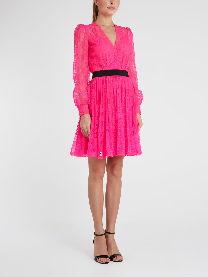 Pink Surplice Lace Mini Dress