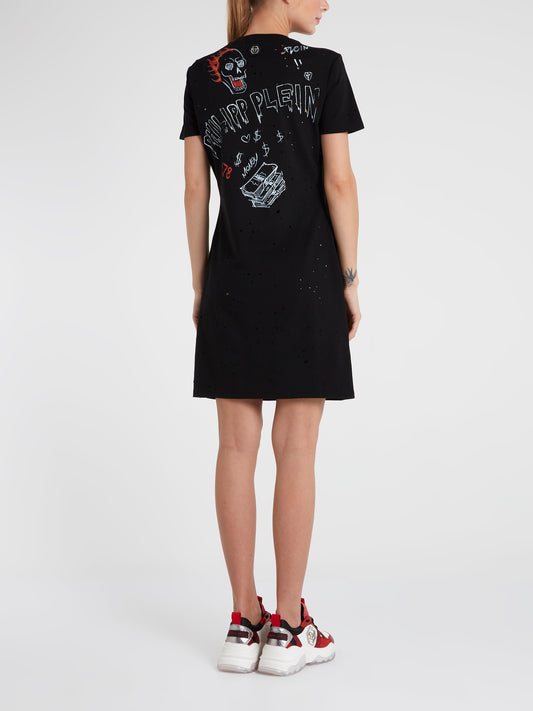 Black Distressed Graffiti T-Shirt Dress