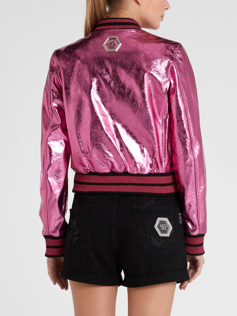 Pink Embellished Leather Bomber Jacket