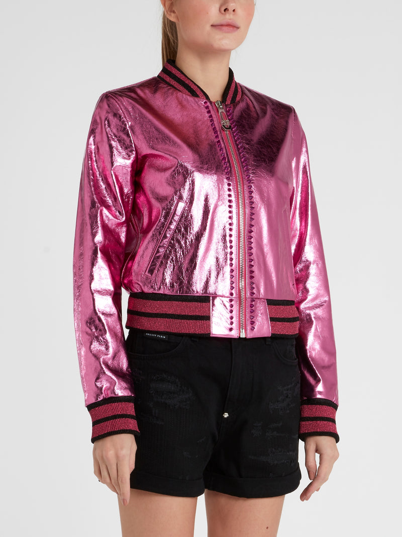 Pink Embellished Leather Bomber Jacket