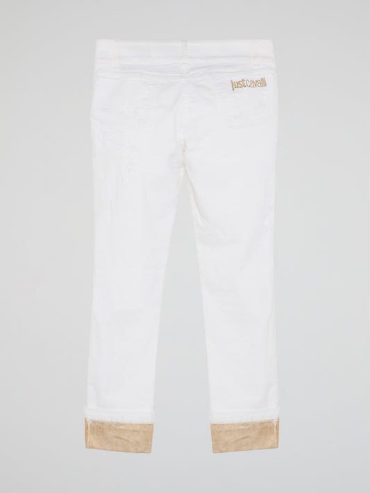 White Contrast Hem Pants
