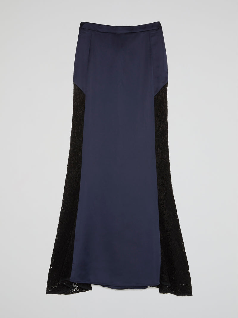 Navy Lace Panel Flared Maxi Skirt