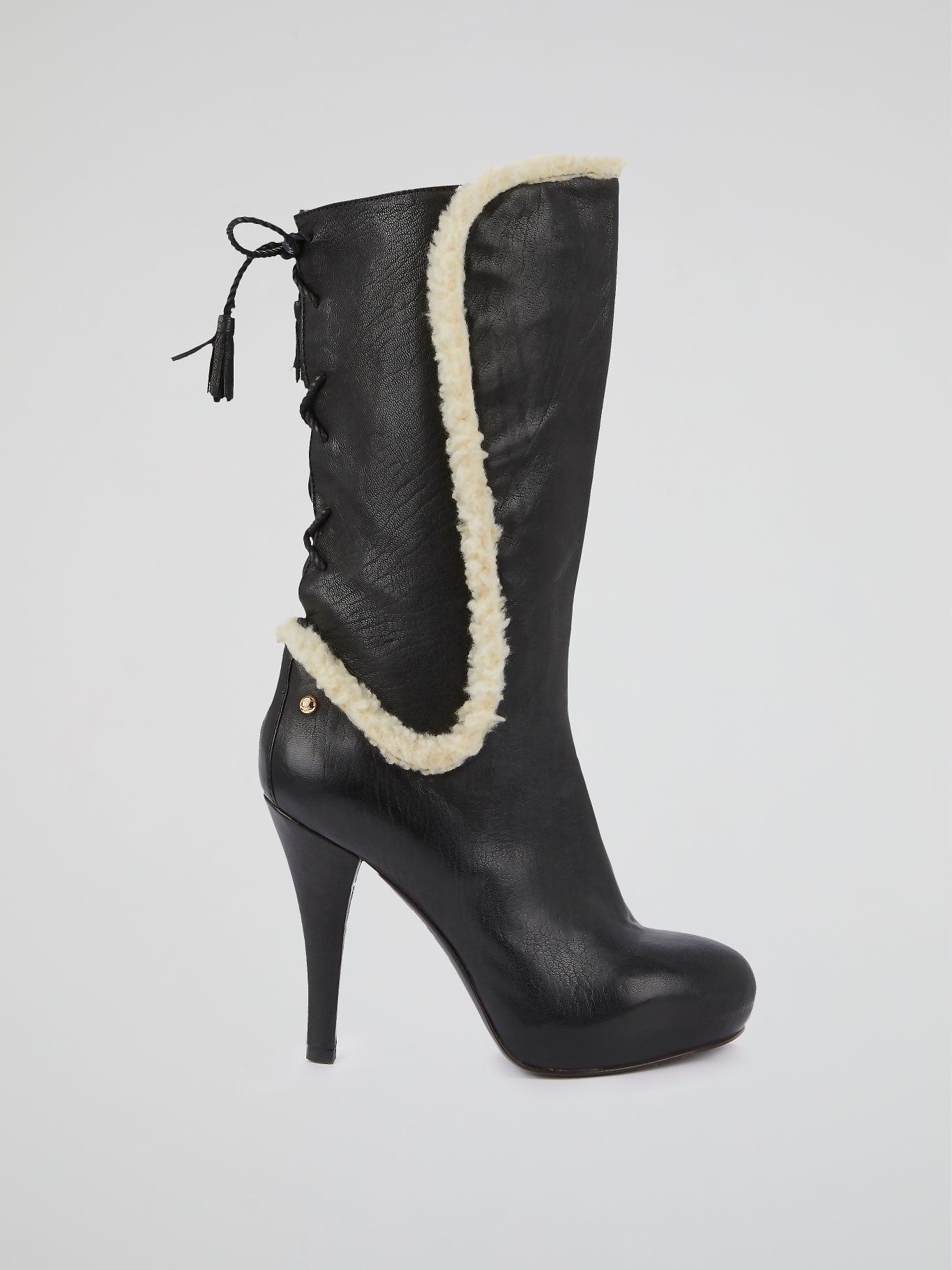 Black Fleece Detail Leather Boots