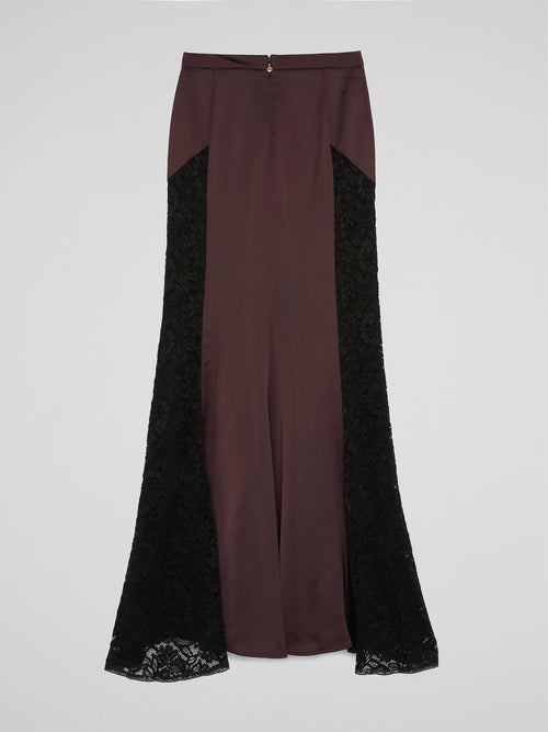 Brown Lace Panel Flared Maxi Skirt
