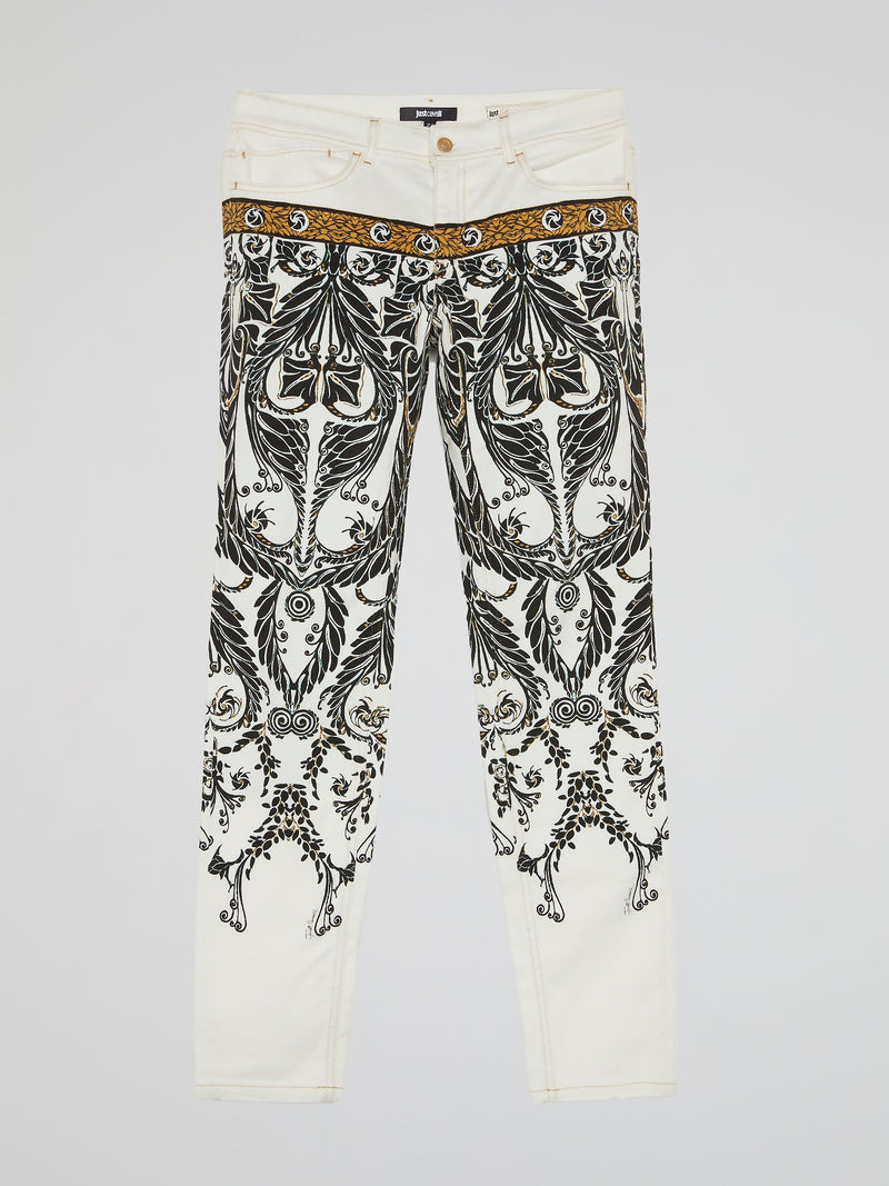 White Jacquard Print Trousers