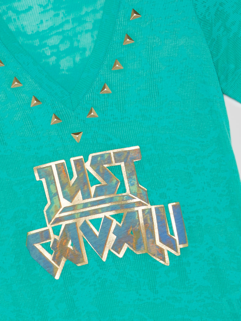 Turquoise Embellished V-Neck T-Shirt