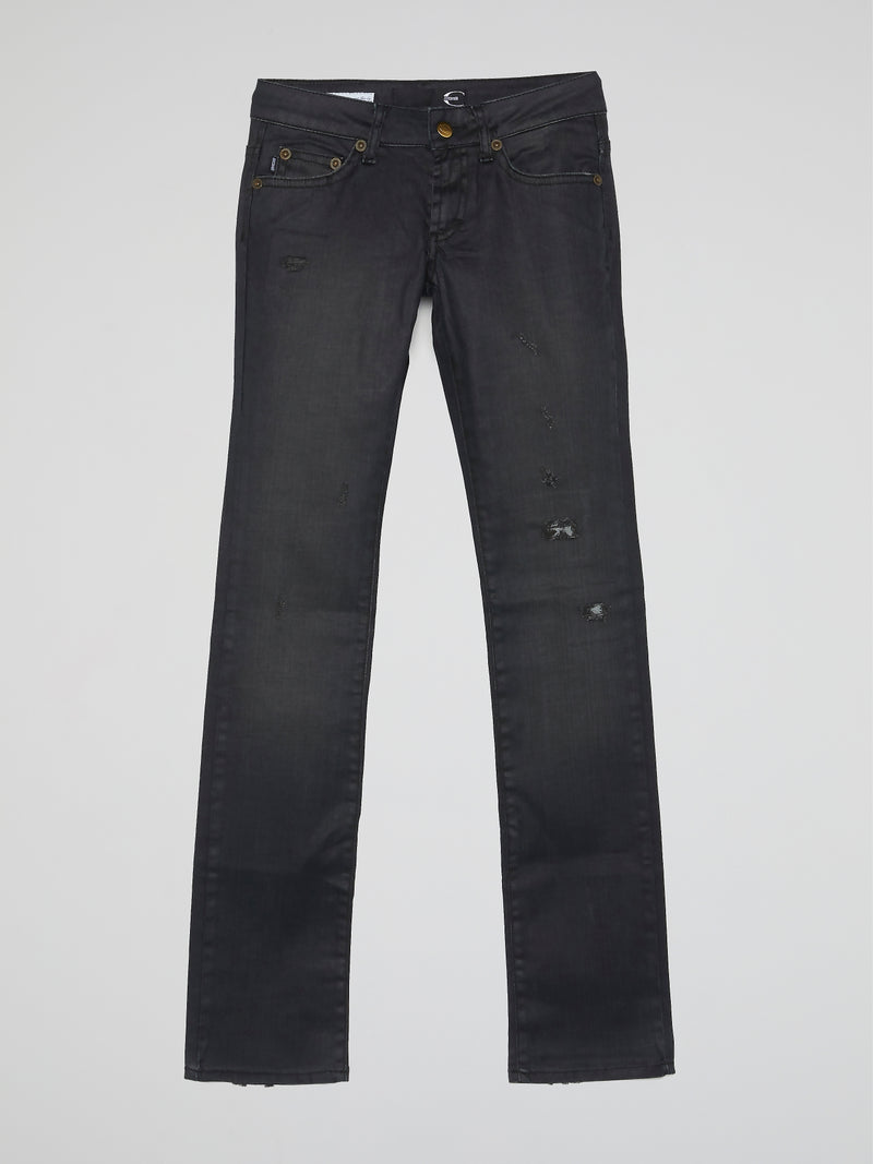 Black Distressed Straight Cut Jeans