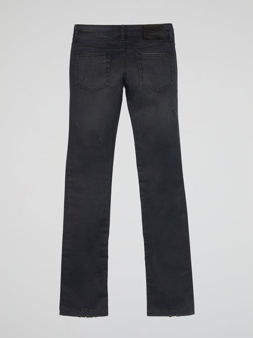 Black Distressed Straight Cut Jeans