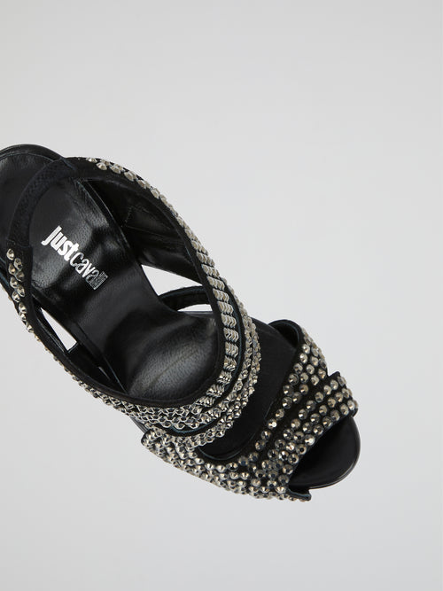 Black Studded Caged Stiletto Sandals