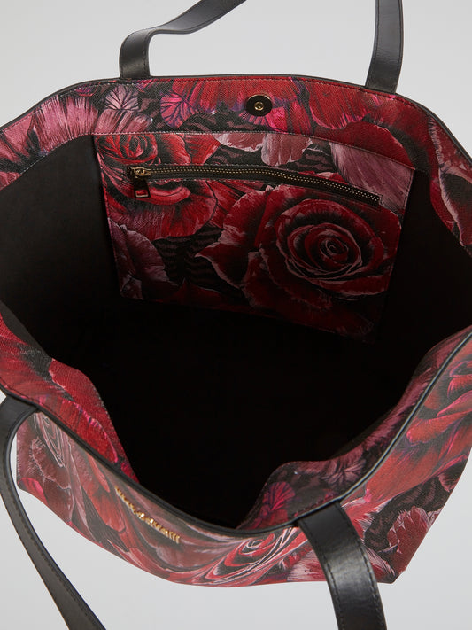Rose Print Leather Tote Bag