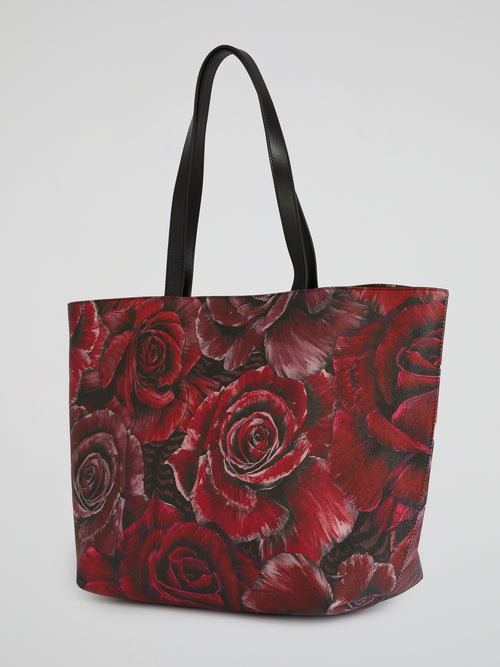 Rose Print Leather Tote Bag