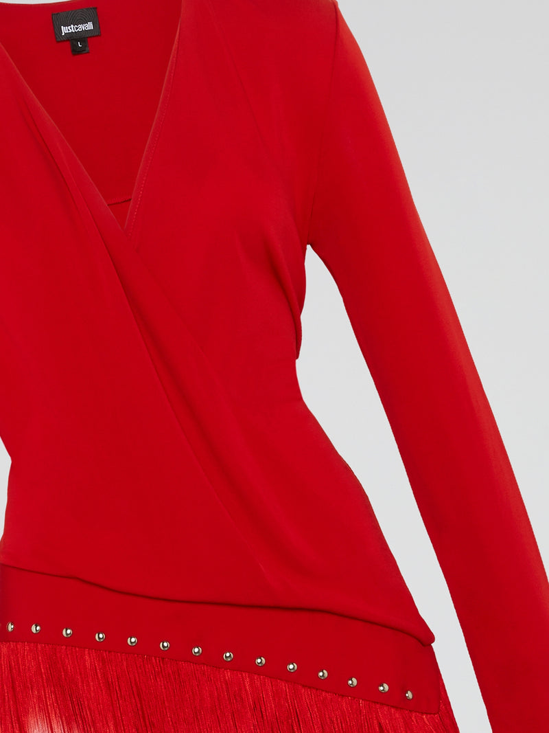 Red Fringe-Detail Long Sleeve Dress