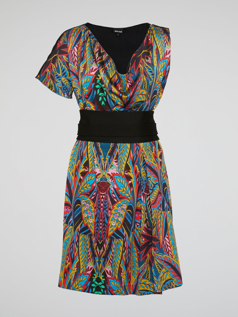 Printed Cowl Neck Asymmetric Dress