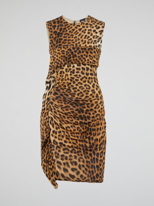 Leopard Print Draped Sleeveless Dress