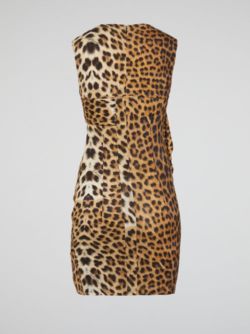 Leopard Print Draped Sleeveless Dress